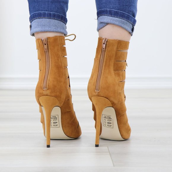 Women Suede Tan Gladiator Stiletto Needle High Heel Open Toe Sandal - Picture 6 of 11